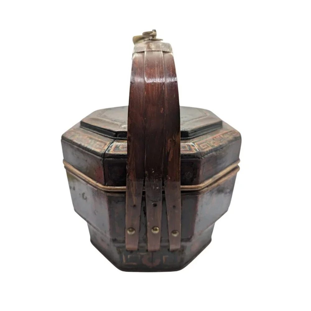 Antique Chinese Bamboo Wedding Basket Box Laquer Finsh Brass Handle